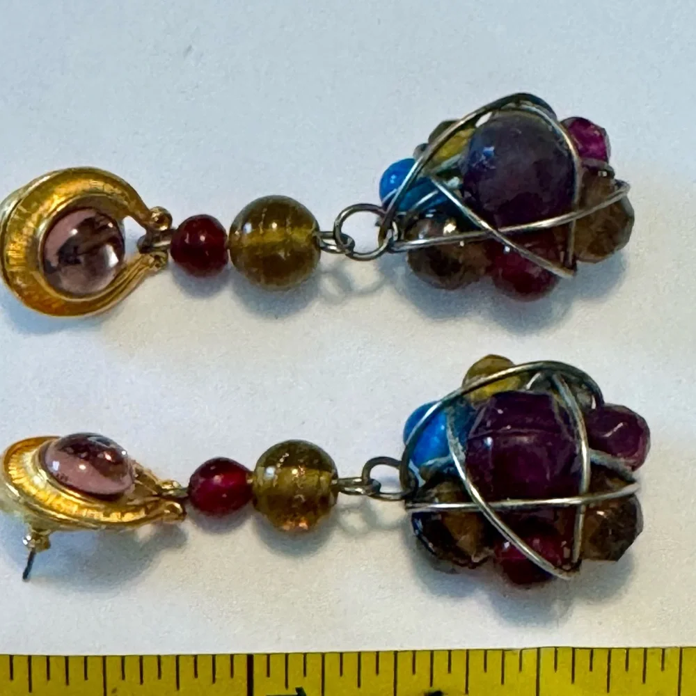 Artisan Handmade Earrings wire wrapped Beaded drop dangle Muli-colored confetti